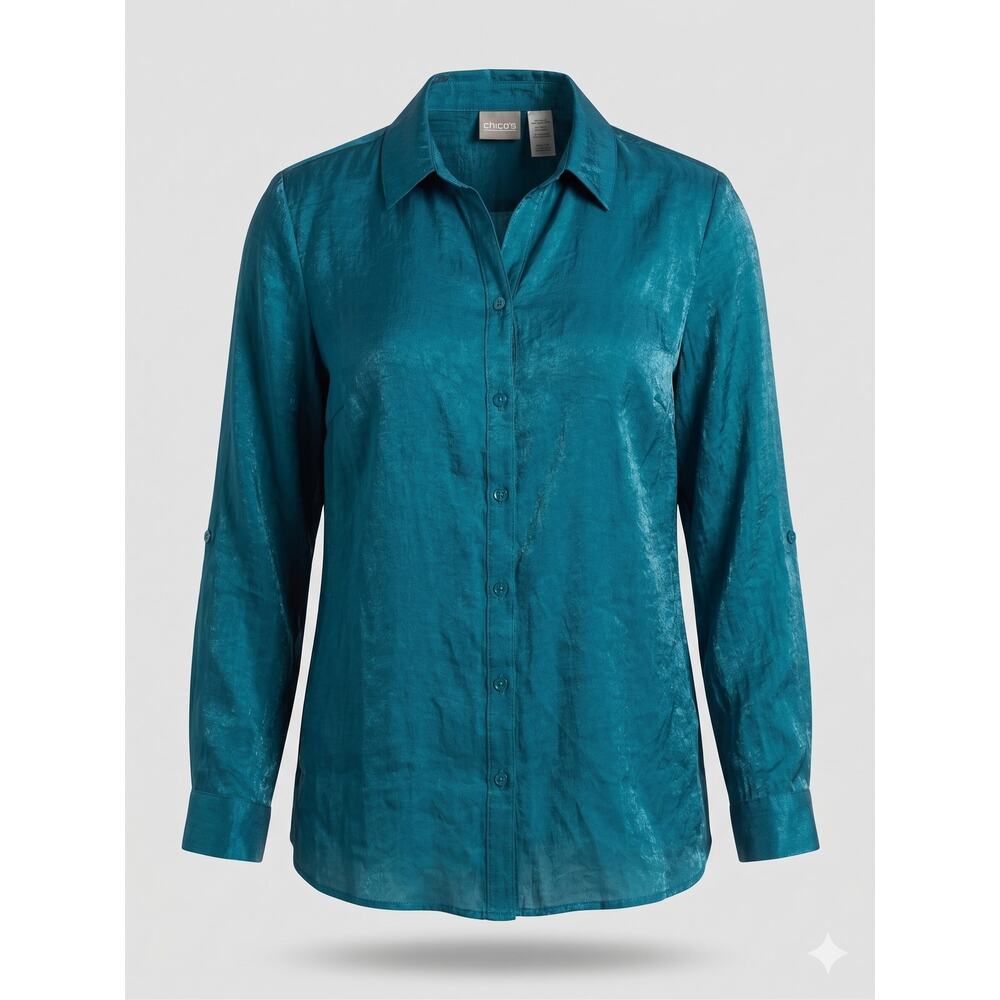 Chico's Womens L Minimalist Staple Coastal Button-Front Roll-Tab Sleeve Blouse